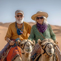 Personas mayores disfrutando del desierto de Merzouga en un paseo en camello, demostrando que la edad no es un impedimento para viajar.